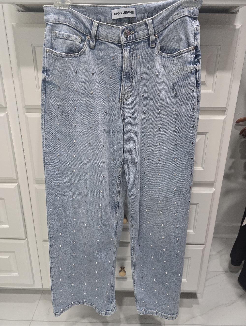 DKNY Light Blue Wide Leg Jeans with Stud Embellishments